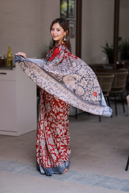 Reddish maroon linen cotton kalamkari saree with embroidery blouse