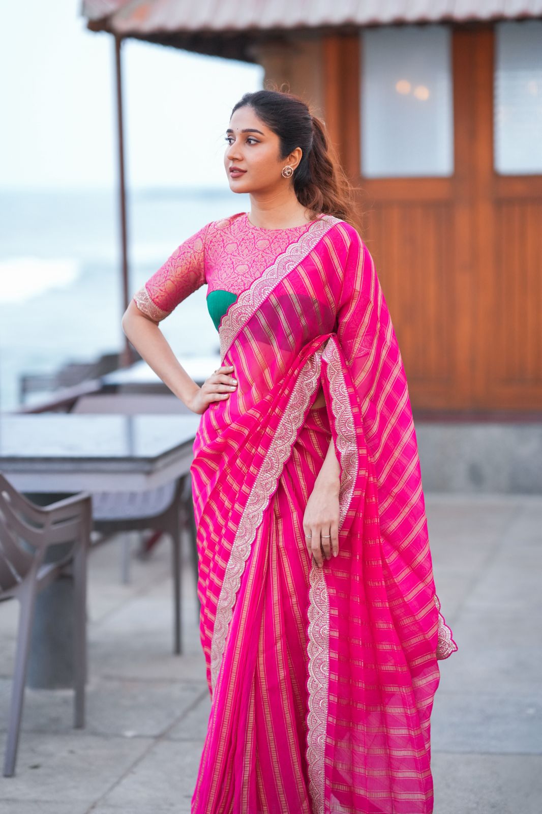 Pink organza silk saree with banarasi blouse