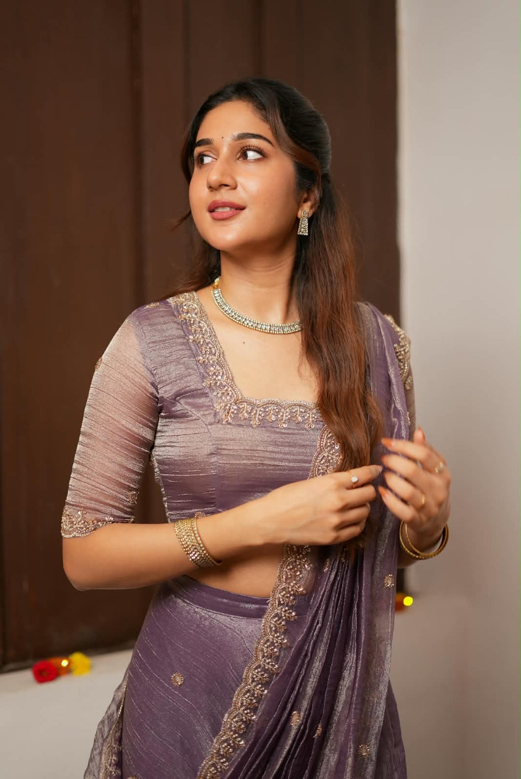 Lavender tissue handmade lehenga with blouse