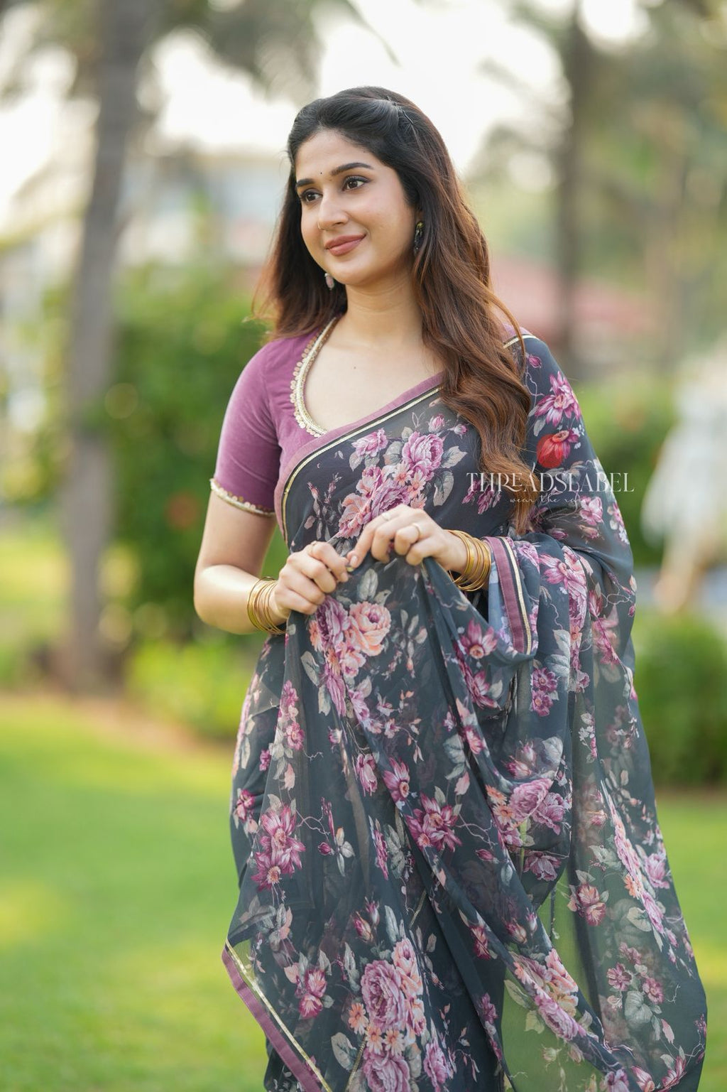 Grey georgette floral print saree (only saree)
