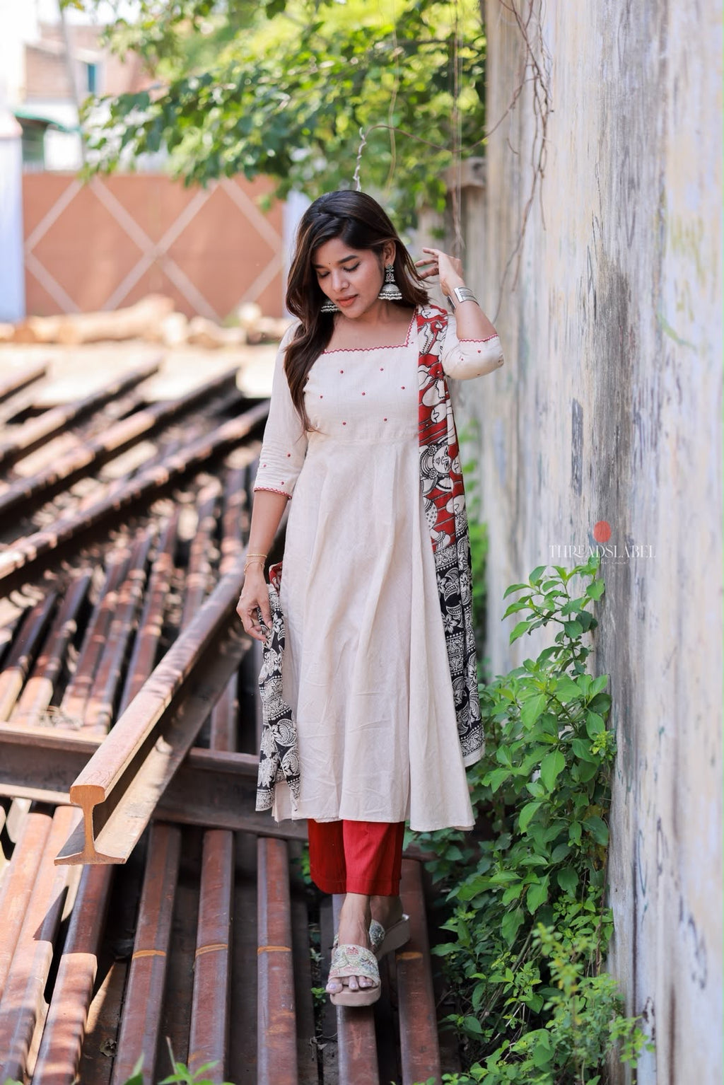 Cream cotton 3 piece Kurti set