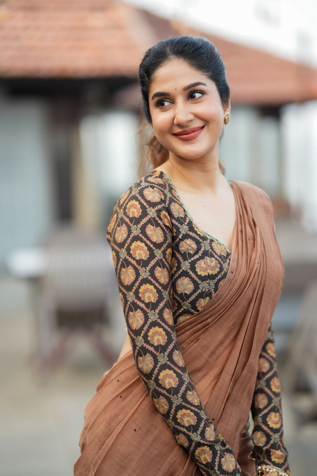 Brown malai chanderi saree with Ajrak print blouse