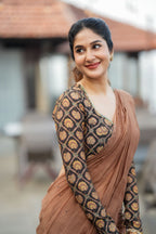 Brown malai chanderi saree with Ajrak print blouse