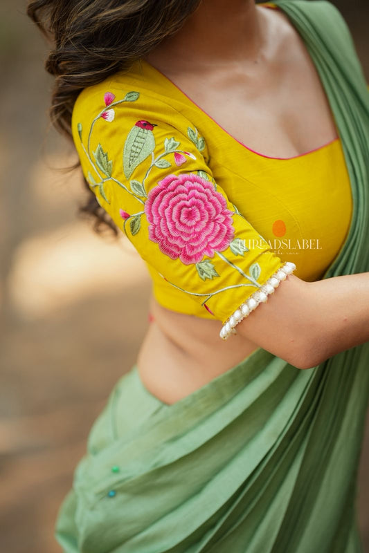 Yellow silk floral embroidery blouse (only blouse)