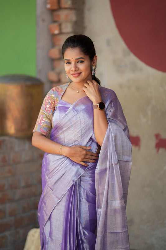 Lavender soft tissue saree with embroidered blouse