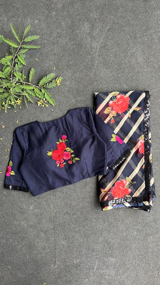 Midnight blue floral organza saree with embroidery blouse