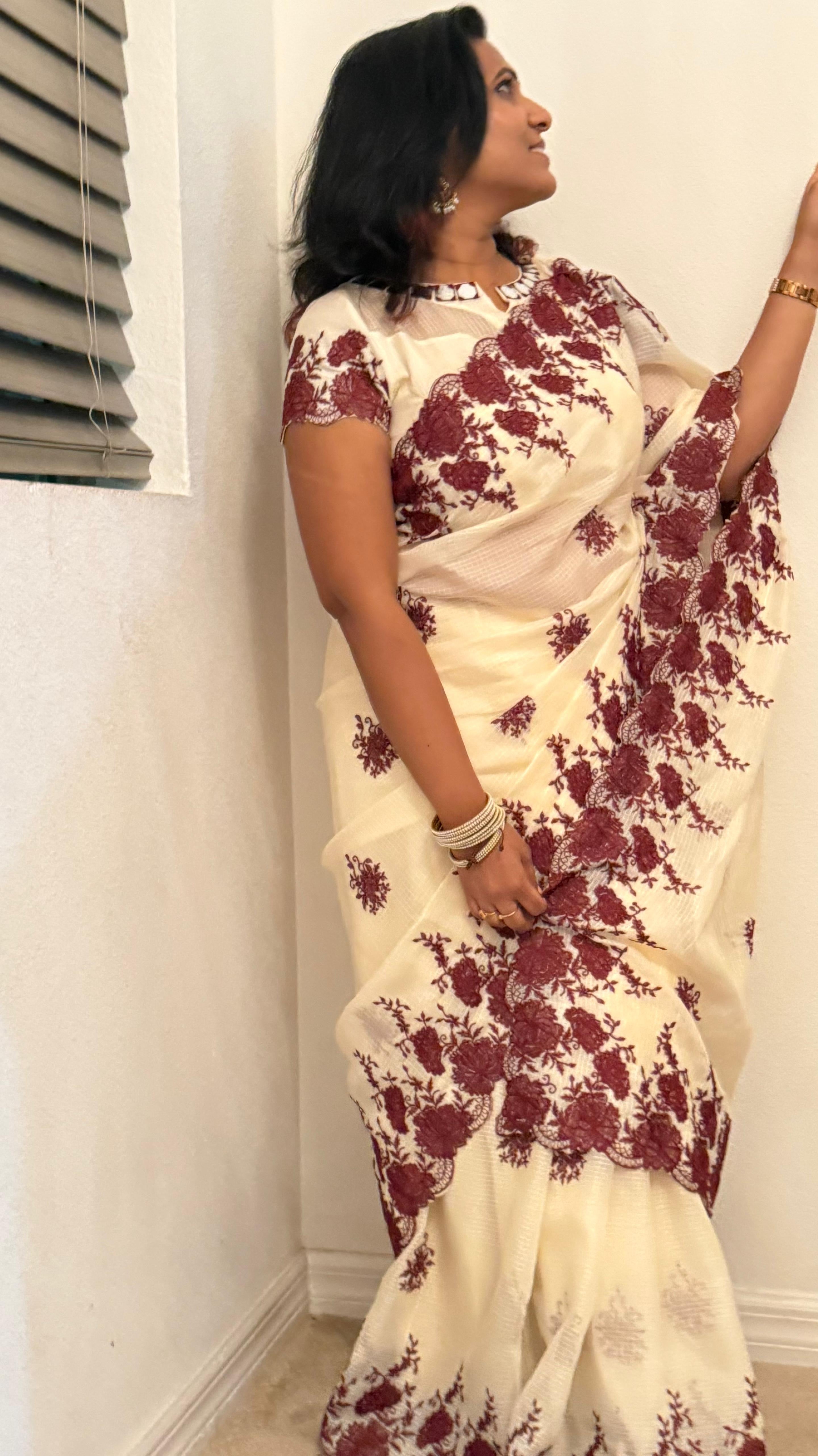 Cream kota cotton saree with mirror work blouse