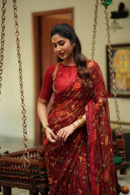 Maroon chiffon floral saree with hand work blouse