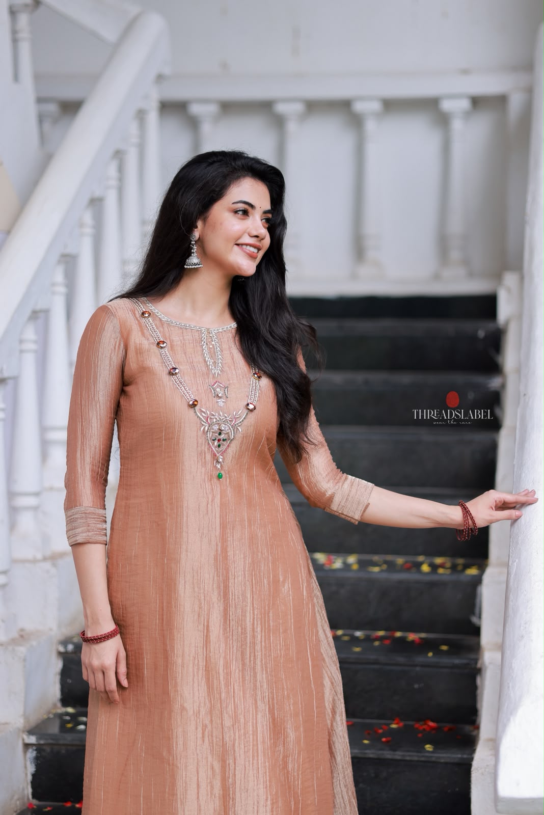 Peach tissue JEWEL NECK kurti