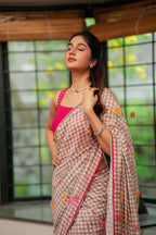 Brown checked mul cotton saree with hand work blouse