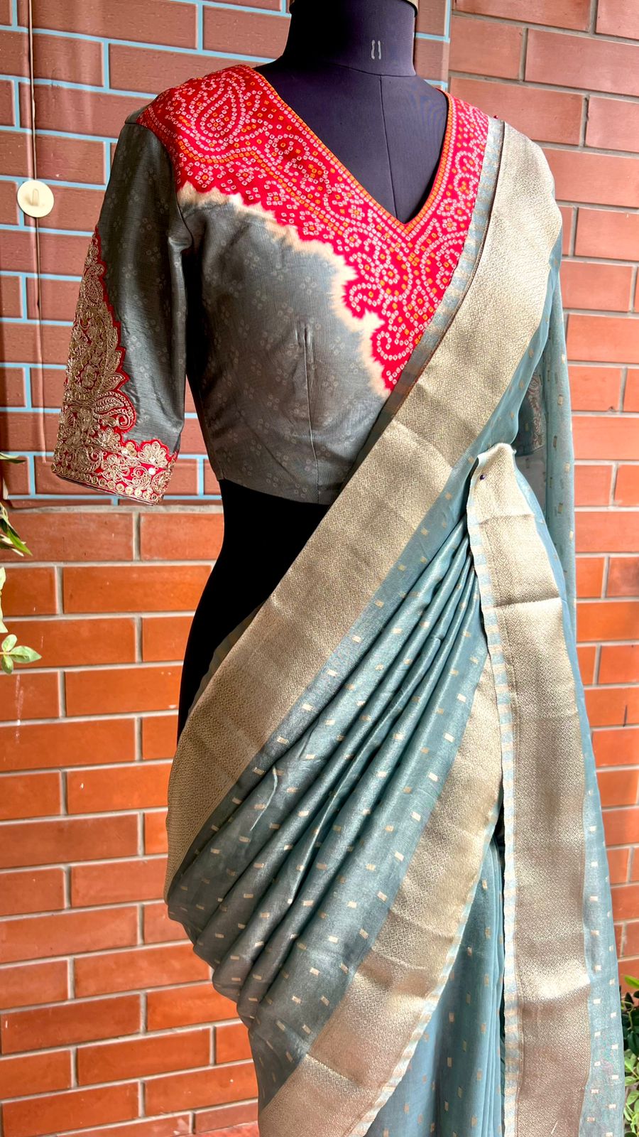Grey banarasi saree with heavy embroidery blouse