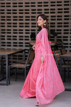 Baby pink mul chanderi saree with floral blouse
