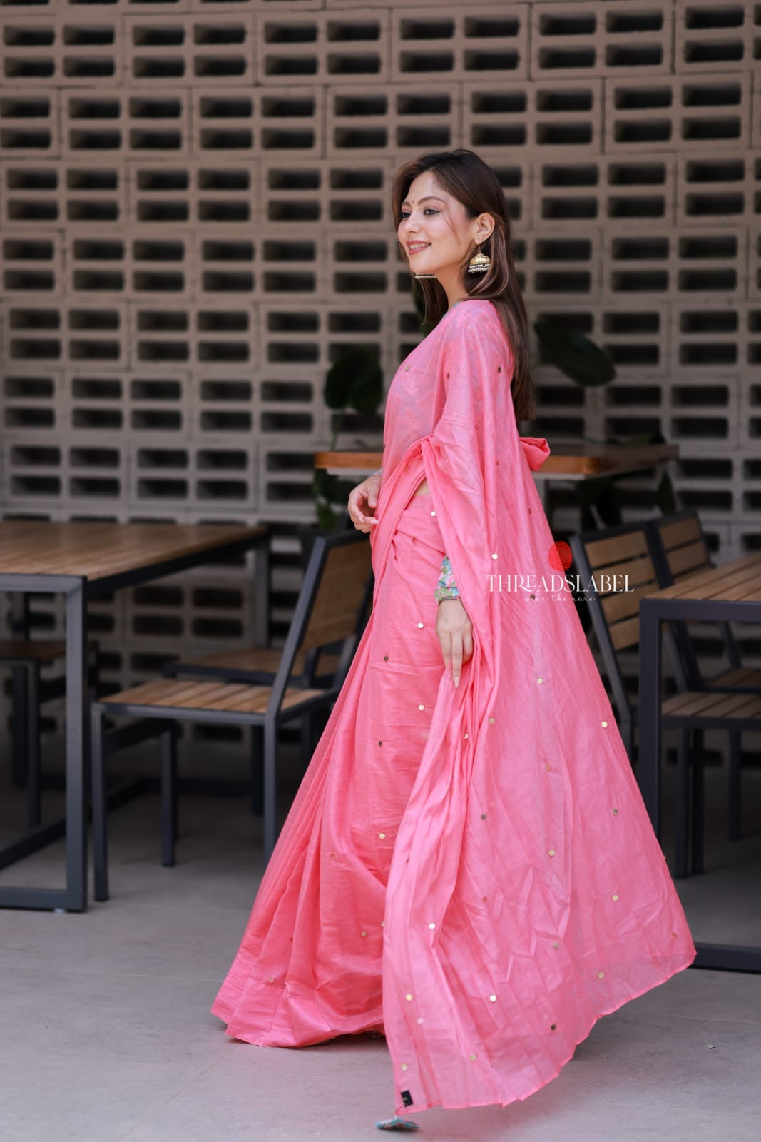 Baby pink mul chanderi saree with floral blouse