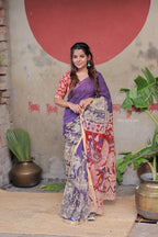 Purple kota saree with kalamkari work blouse