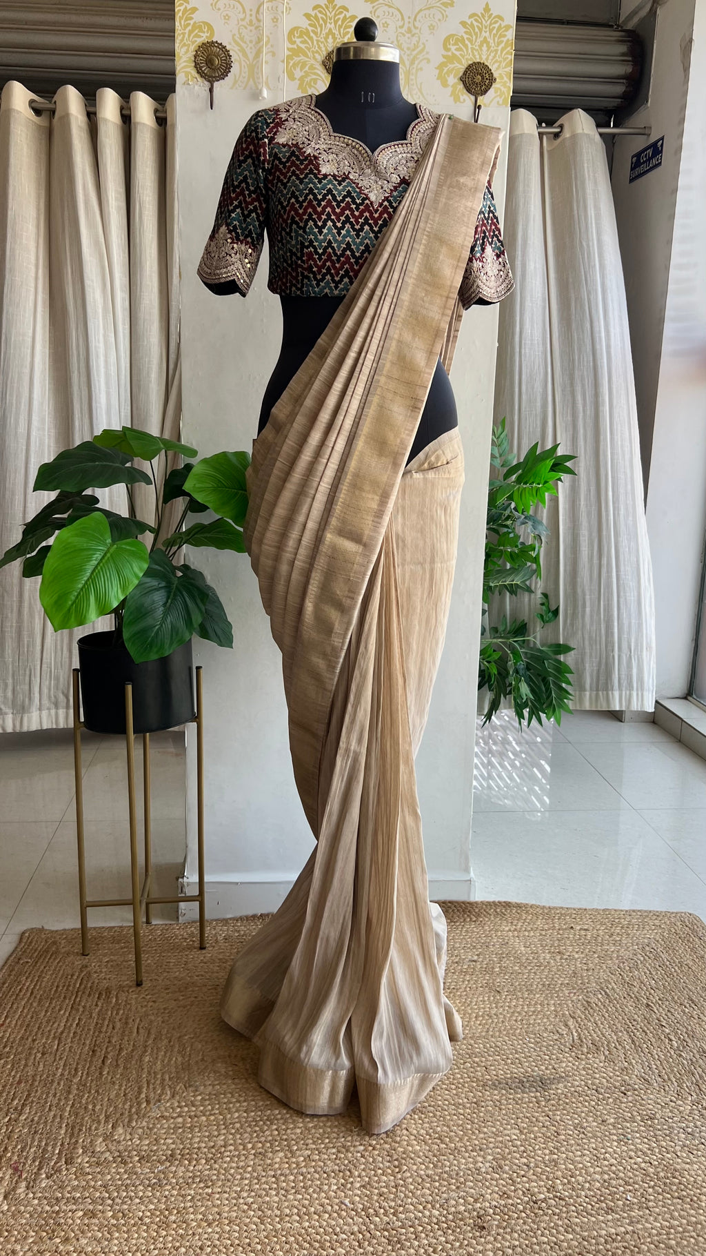 Golden cream tissue saree with ajrak embroidery blouse