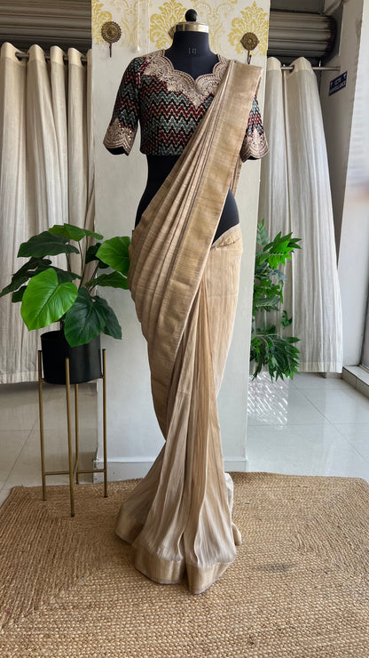 Golden cream tissue saree with ajrak embroidery blouse