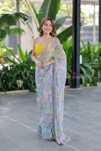 Light Blue chiffon saree with hand work blouse