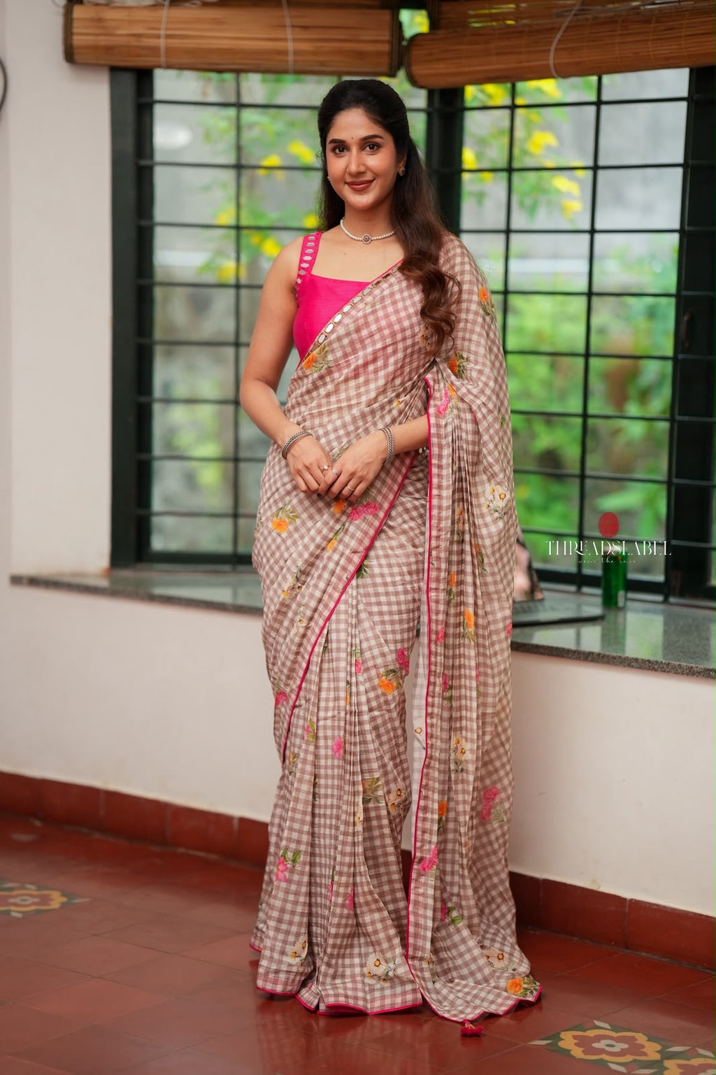 Brown checked mul cotton saree with hand work blouse