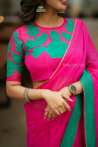 Pink organza saree with floral hand work blouse