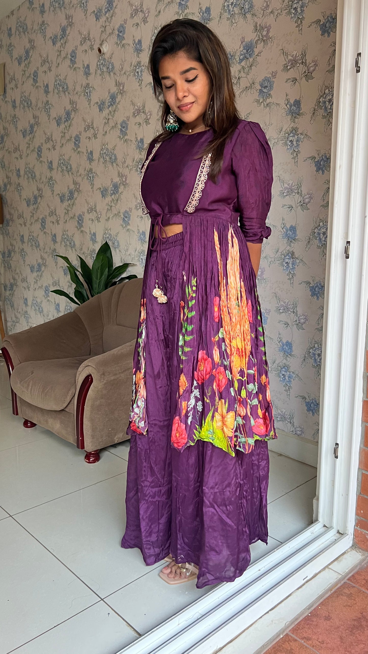 Purple chinnon floral embroidered 2 piece coord suit