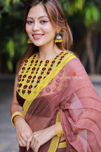 Brown jute saree with banarasi hand work blouse