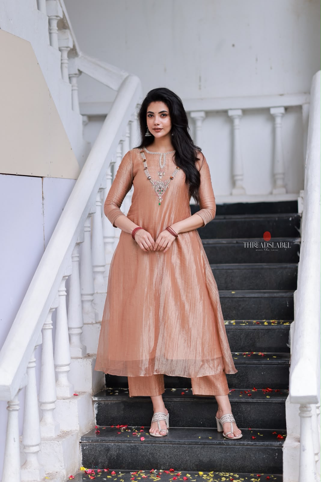 Peach tissue JEWEL NECK kurti
