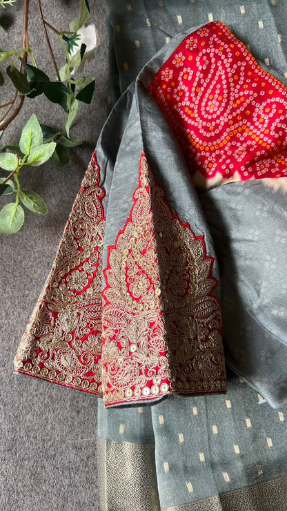 Grey banarasi saree with heavy embroidery blouse