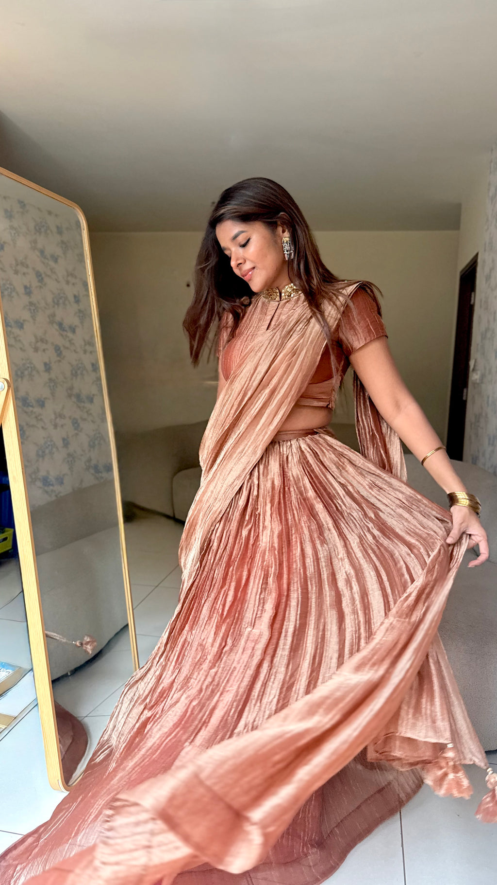 Copper tissue hand work lehenga