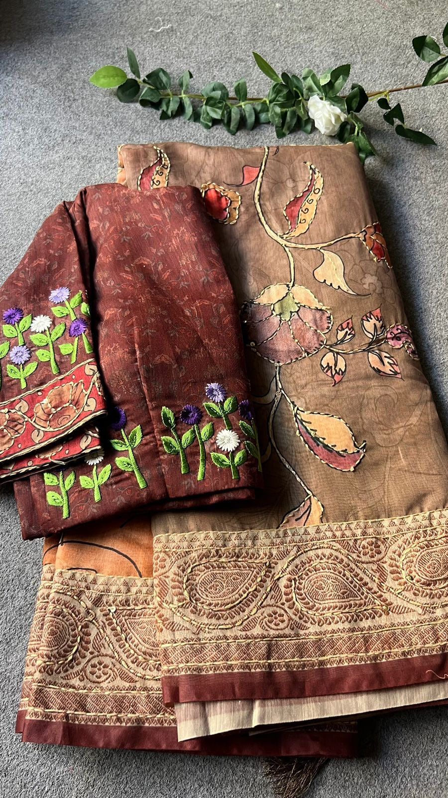 Kantha brownish grey floral saree with embroidery blouse