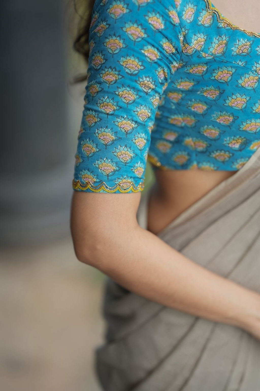 Grey pure kota saree with blue hand work blouse