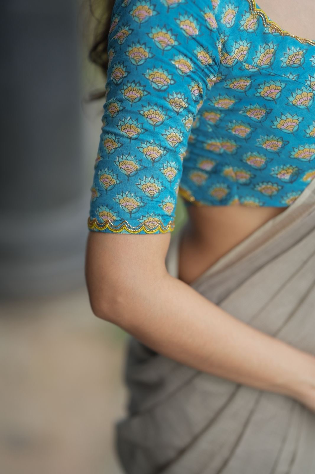 Grey pure kota saree with blue hand work blouse