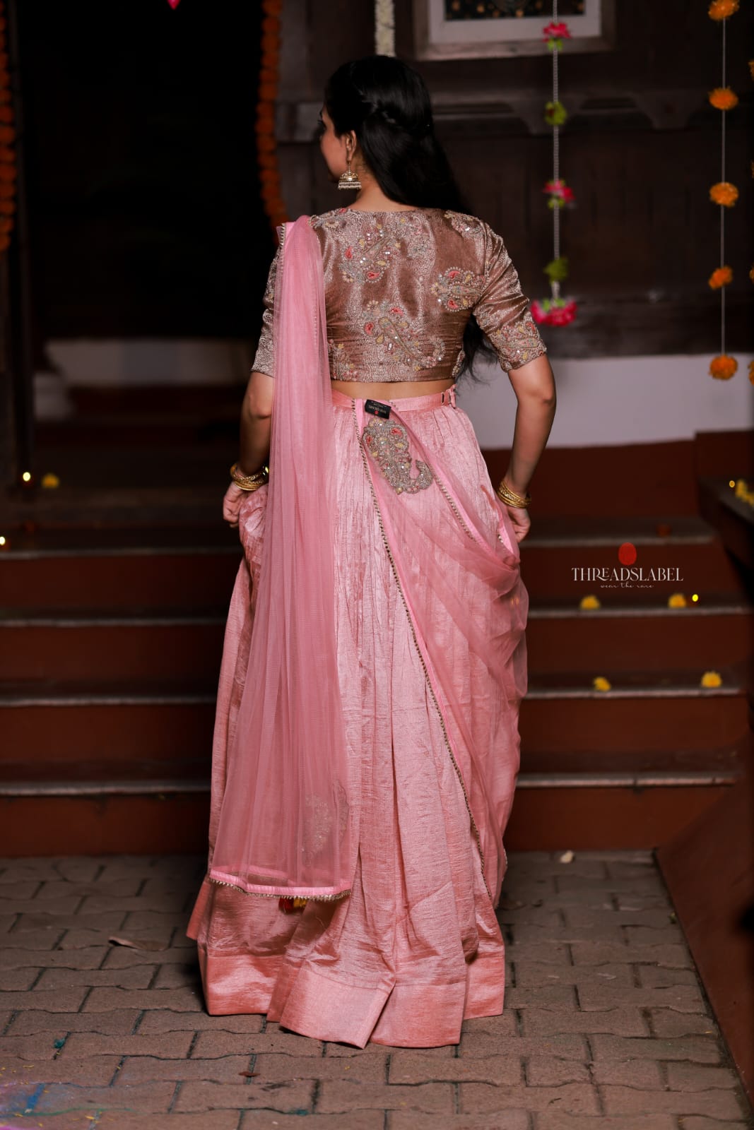 Pink marble silk lehenga with handwork blouse