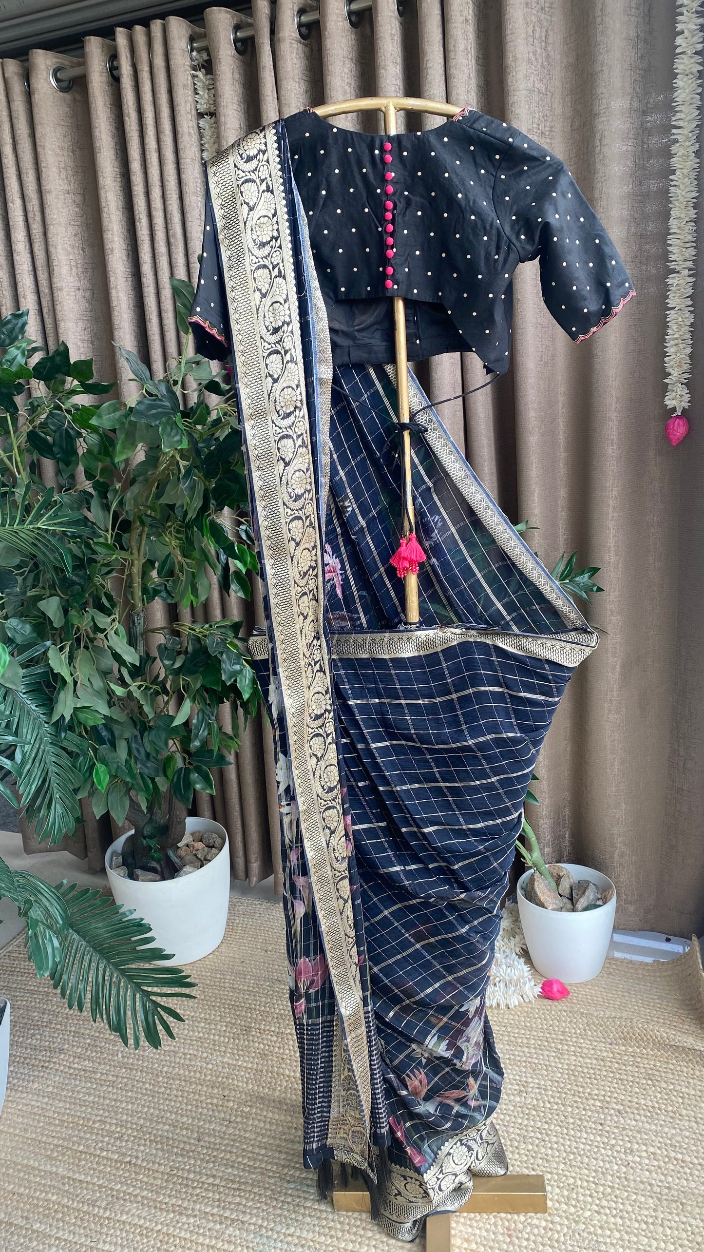 Black chiffon floral saree with hand worked blouse