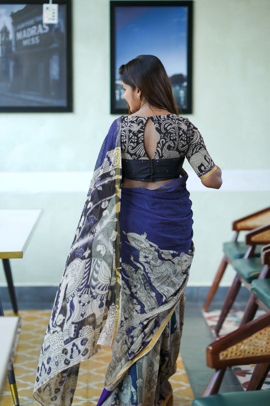 Purple kota saree with kalamkari work blouse