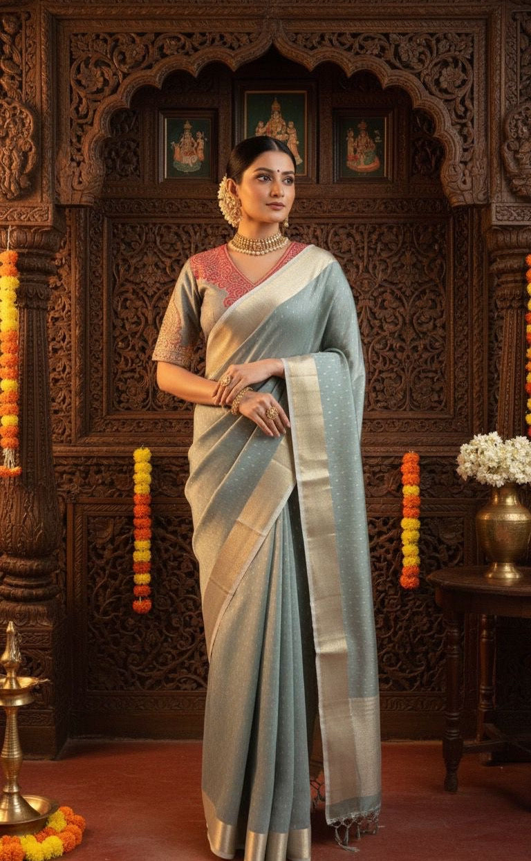 Grey banarasi saree with heavy embroidery blouse