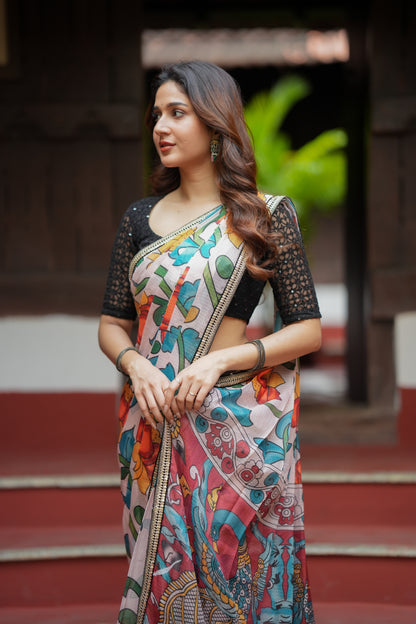 Half white floral kota saree with black embroidered blouse