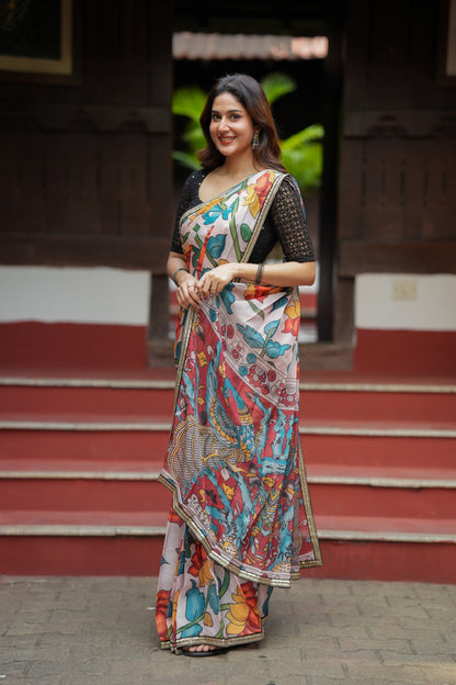 Half white floral kota saree with black embroidered blouse