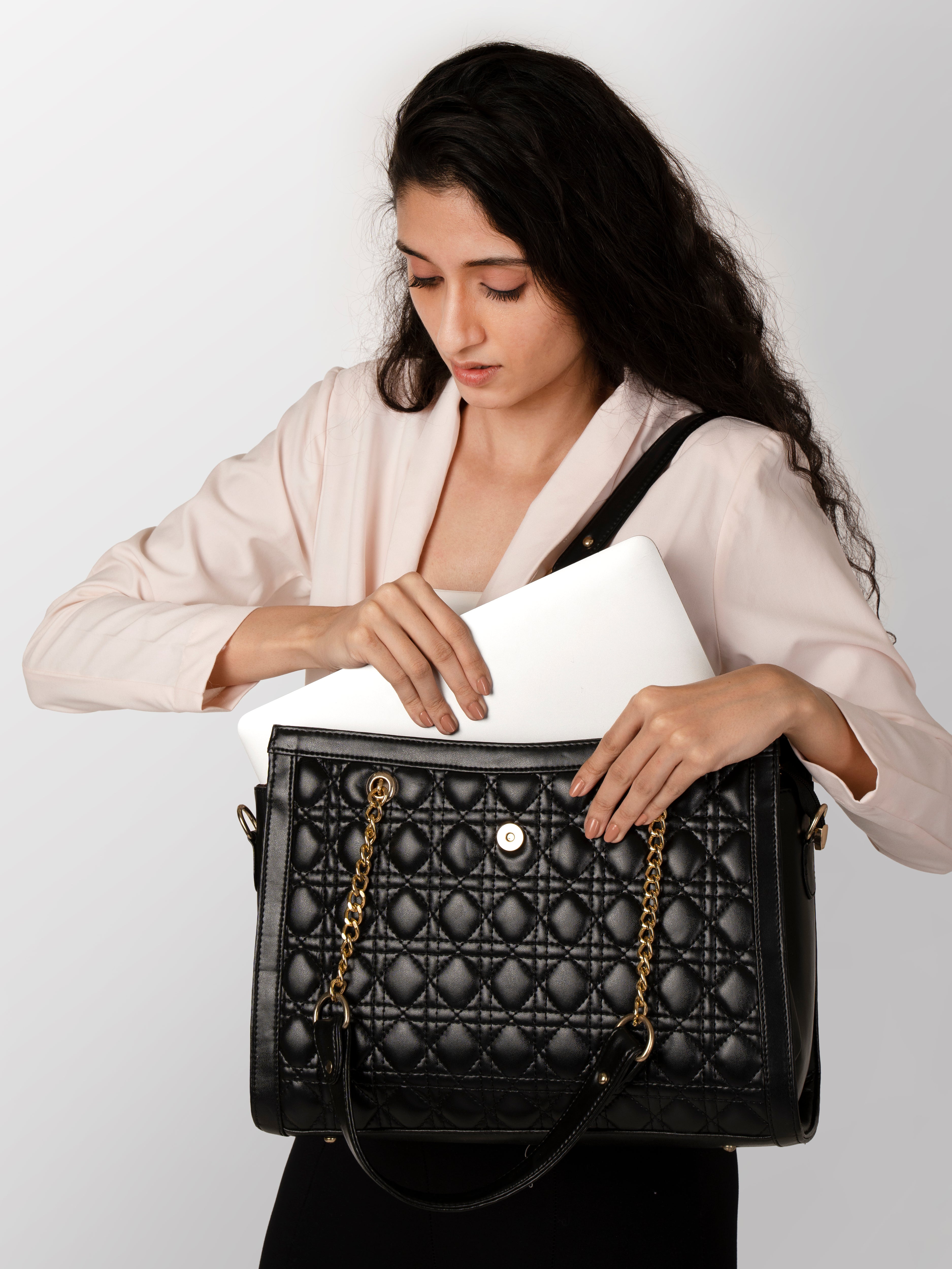 Women black textured office & fashion bag