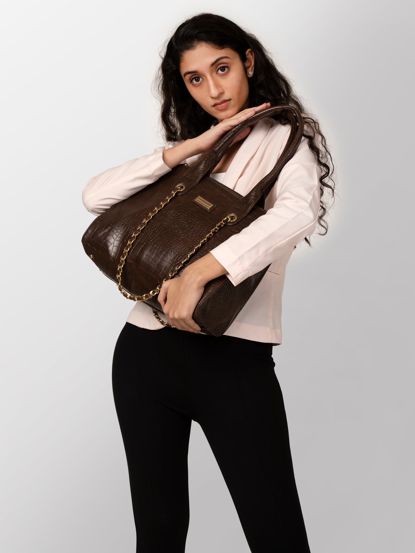 Women coffee brown textured office twin bag
