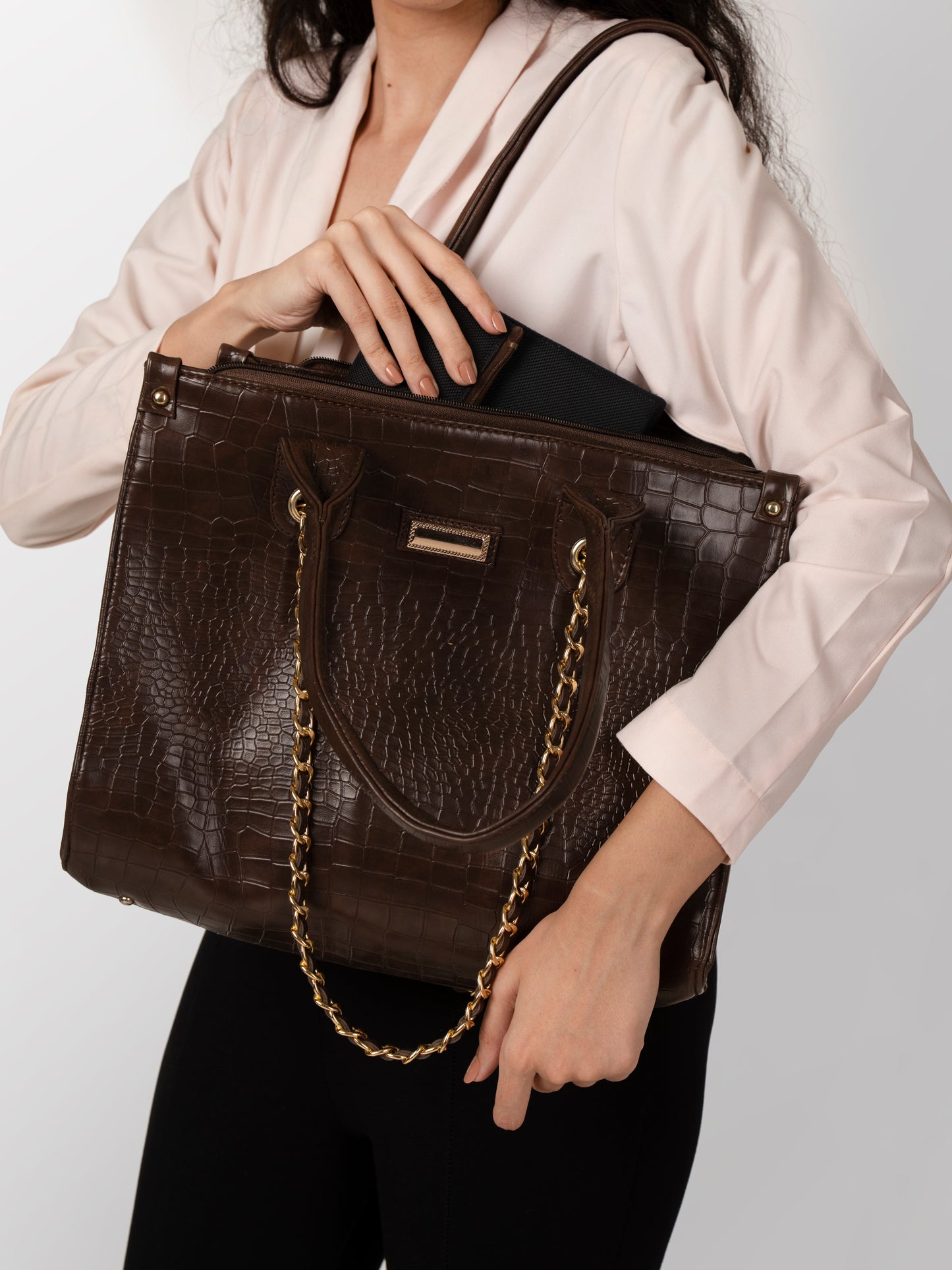 Women coffee brown textured office twin bag