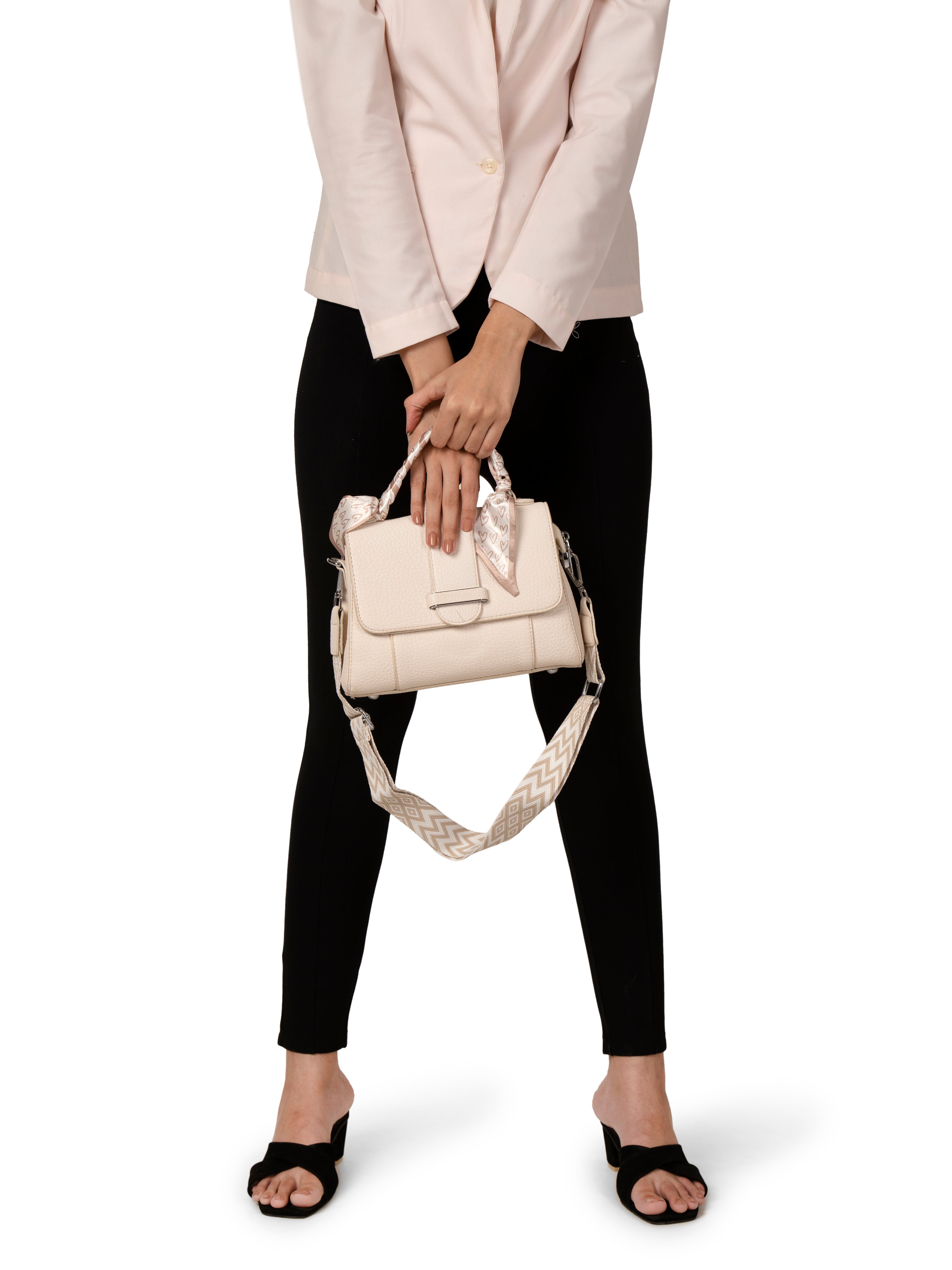 Women textured half white shoulder cum hand bag