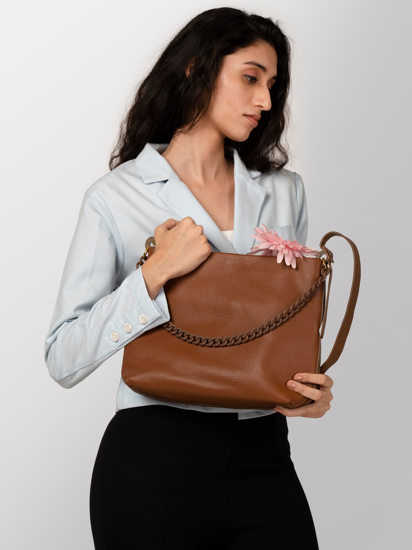 Women textured coffee brown office hand bag