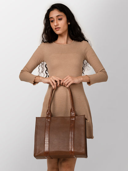 Women dark brown textured hand bag
