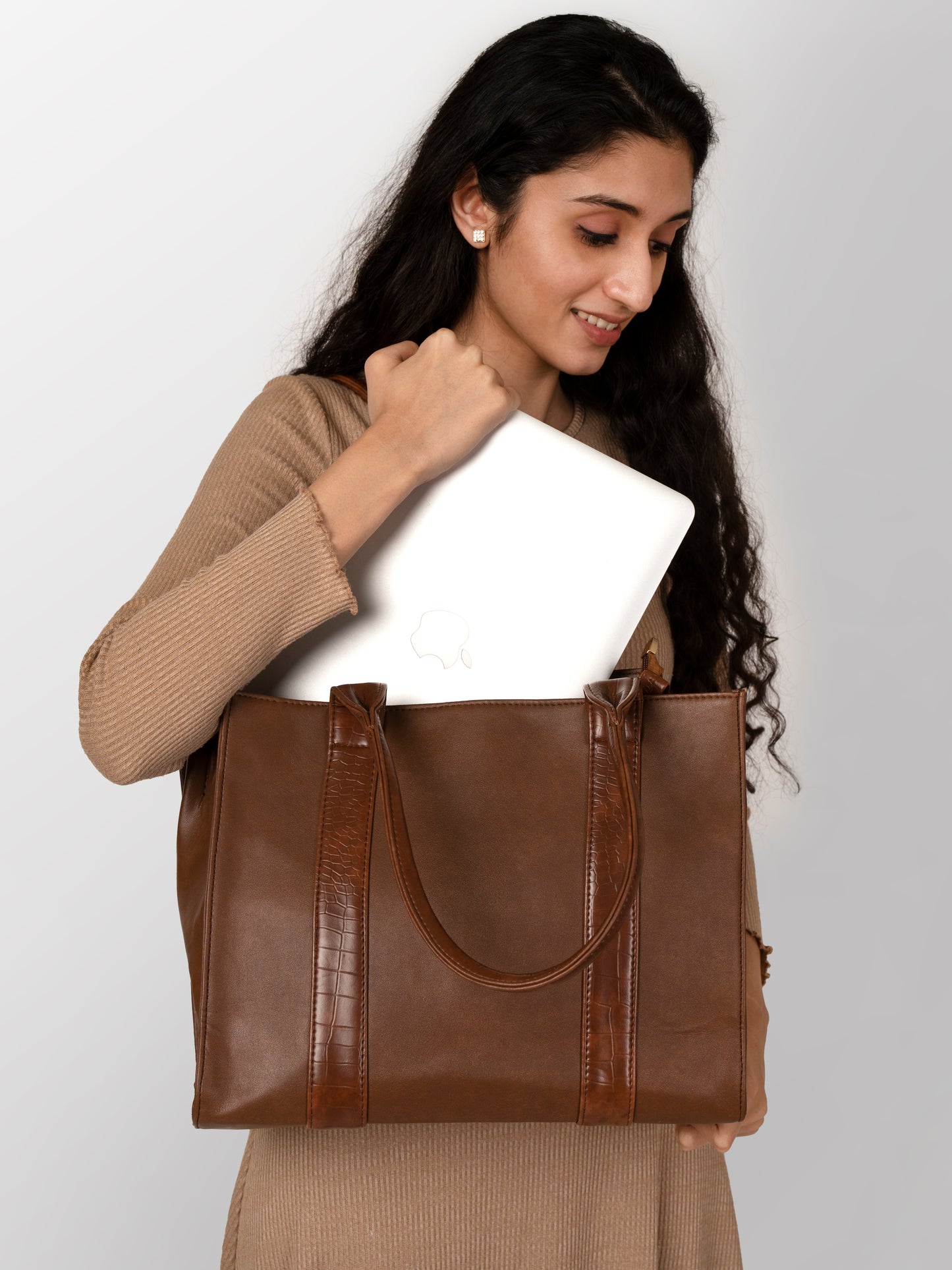 Women dark brown textured hand bag