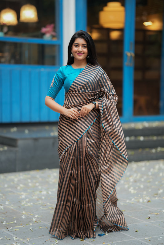 Black & copper stripped tissue saree with bird work blouse