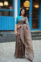 Black & copper stripped tissue saree with bird work blouse