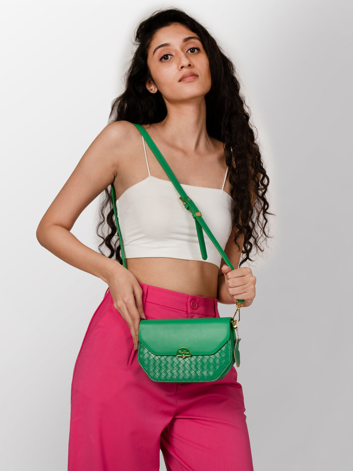 Women textured green shoulder bag