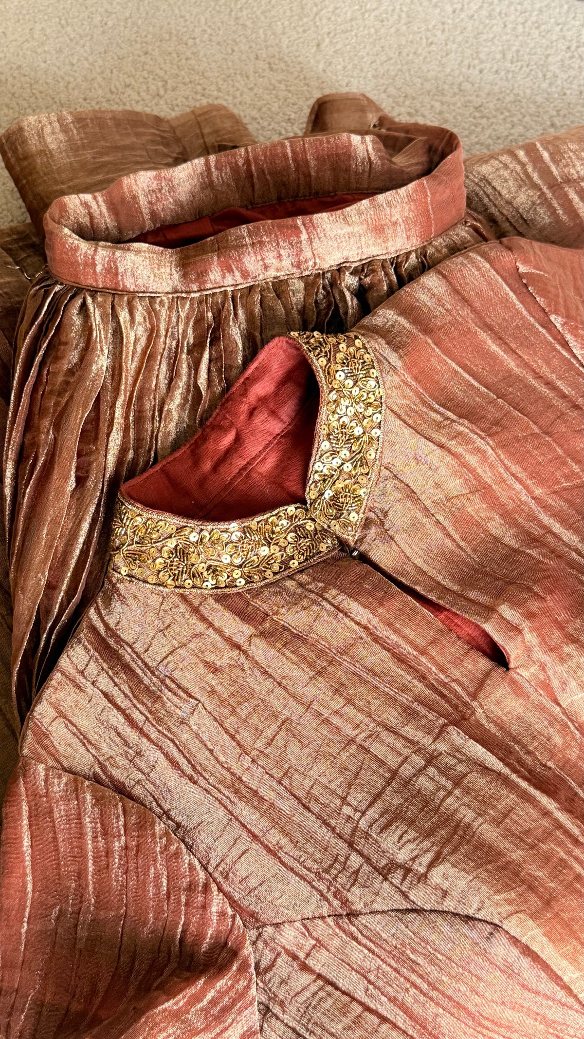 Copper tissue hand work lehenga