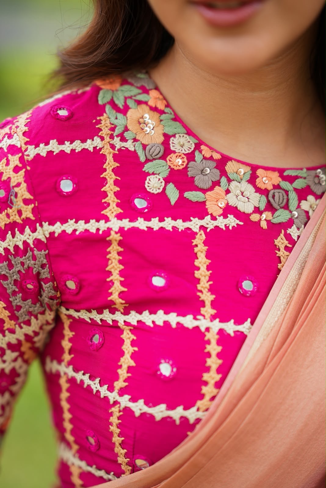 Peach banarasi saree with silk hand work blouse