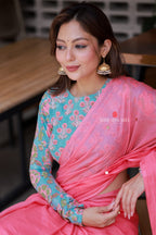 Baby pink mul chanderi saree with floral blouse